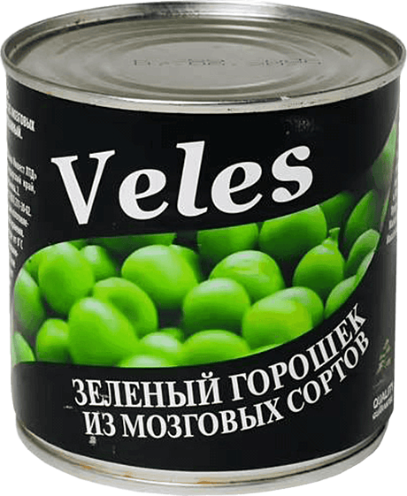 Горошек зеленый из мозговых сортов «Veles» стерилизованный, в/с, 420г, ж/б