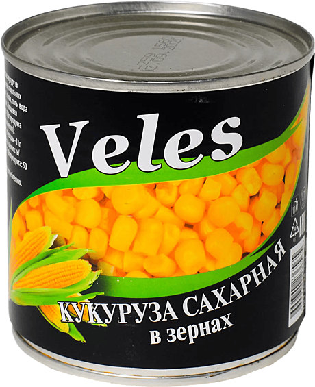Кукуруза сахарная в зернах «Veles» стерилизованная, в/с, 400 г, ж/б